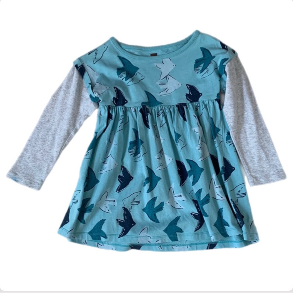 Tea Collection Teal & Navy Bird Print Long-Sleeve dress